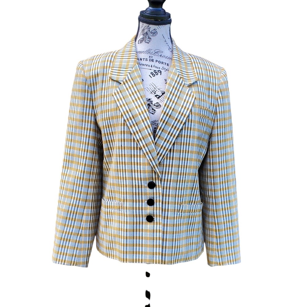 David Benjamin‎ Vintage Plaid Blazer Womens 10 Yellow White Check Career Jacket